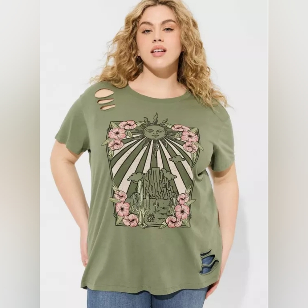torrid Olive Green Graphic Distressed Short Sleeve Tee with Pink Floral